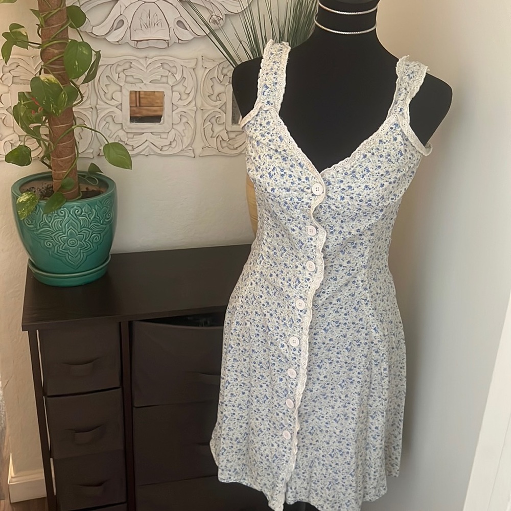 dainty blue flowered button up dress.